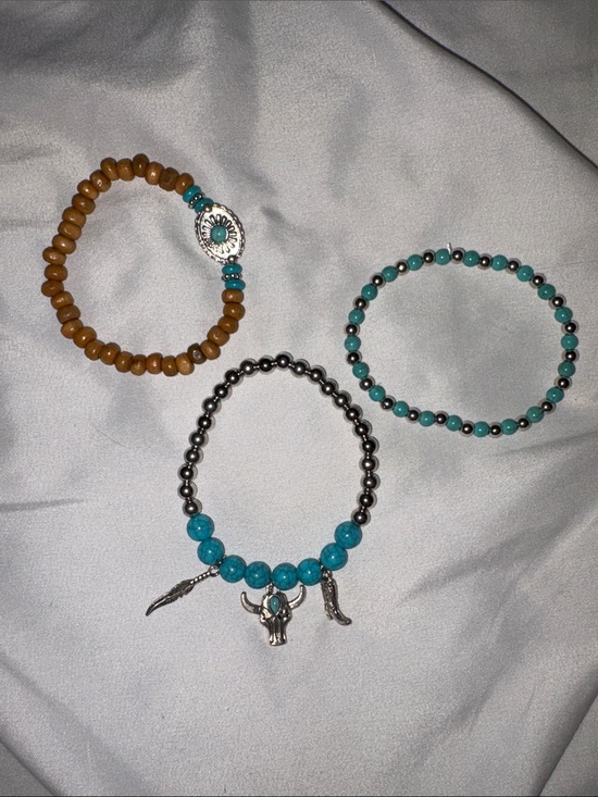 no brand Jewelry - Turquoise & Tan Beaded Bracelet Set with Silver Charms